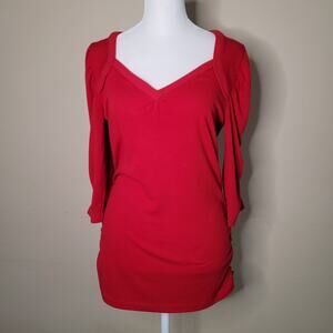 Dots Red Dress - Size Medium, V-Neck, Ruched Details
